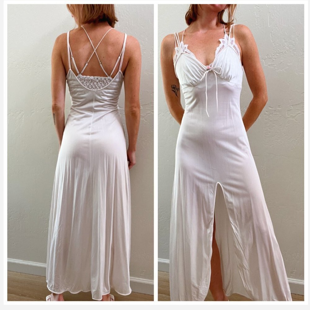 Vintage 1980's White High Slit Front Tie Maxi Slip Dress - Picture 2 of 5